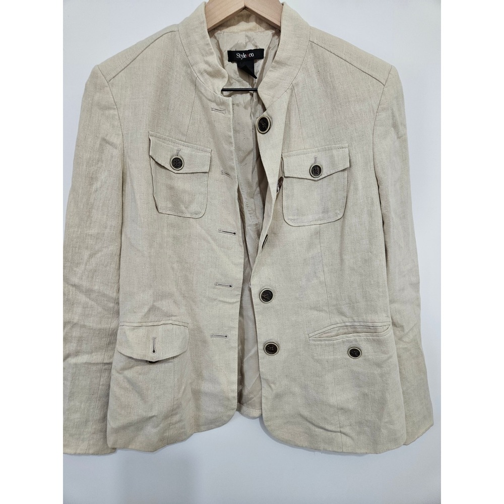 Style &‎ Co Womens Beige 100% Linen Utility Blazer Mock Neck Jacket Size 4